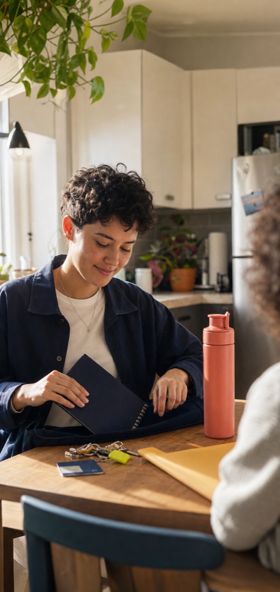 A young adult calmly organizing what they need before a first day at work