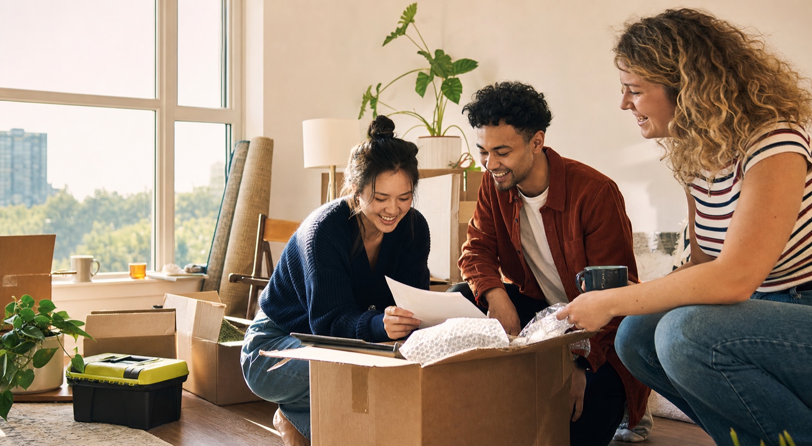 Three young adults making a plan together while unpacking a first apartment